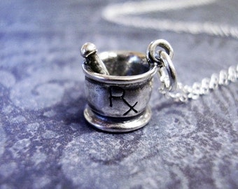 Silver Rx Mortar and Pestle Necklace - Sterling Silver Rx Mortar and Pestle Charm on a Delicate Sterling Silver Cable Chain or Charm Only