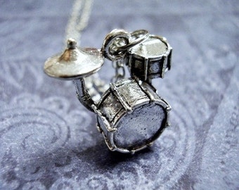 Silver Drum Set Necklace - Silver Pewter Drum Set Charm on a Delicate Silver Plated Cable Chain or Charm Only