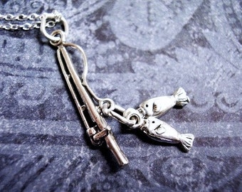 Collar con colgante de caña de pescar y pez de plata de ley - Colgante de caña de pescar y pez de plata de ley en una delicada cadena de plata de ley o solo el colgante