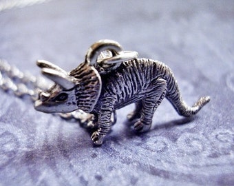 Silver Triceratops Necklace - Antique Pewter Triceratops Charm on a Delicate Silver Plated Cable Chain or Charm Only