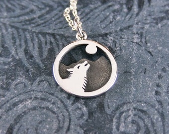 Silver Wolf Howling at Moon Necklace - Sterling Silver Wolf Howling at Moon Charm on a Delicate Sterling Silver Cable Chain or Charm Only