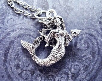 Silver Mermaid and Starfish Necklace - Silver Pewter Mermaid Charm on a Delicate Silver Plated Cable Chain or Charm Only