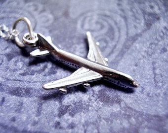 Silver Airplane Necklace - Sterling Silver Airplane Charm on a Delicate Sterling Silver Cable Chain or Charm Only