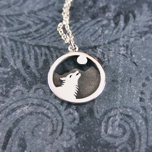 Silver Howling Wolf Full Moon Necklace - 925 Sterling Silver Wolf Howling Charm on a Delicate Sterling Silver Cable Chain or Charm Only