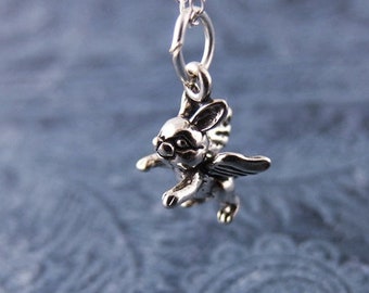 Tiny Silver Bunny Angel Necklace - Sterling Silver Bunny Angel Charm on a Delicate Sterling Silver Cable Chain or Charm Only