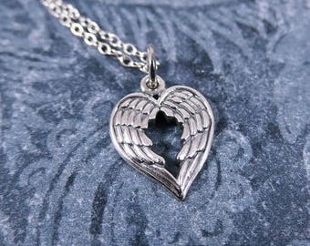 Silver Angel Wings Heart Necklace - Sterling Silver Angel Wings Heart Charm on a Sterling Silver Cable Chain or Charm Only