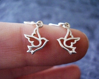 Tiny Silver Dove Earrings - Sterling Silver Dove Dangle Earrings