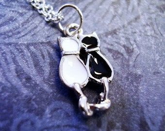 Black and White Cats Necklace - Enameled Antique Pewter Black and White Cats Charm on a Delicate Silver Plated Cable Chain or Charm Only