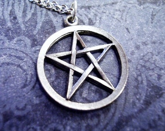 Silver Pentagram Necklace - Antique Pewter Pentagram Charm on a Delicate Silver Plated Cable Chain or Charm Only