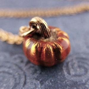 Orange Pumpkin Necklace - Orange Enameled Antique Gold Pewter Pumpkin Charm on a Delicate Gold Plated Cable Chain or Charm Only