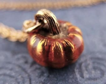 Orange Pumpkin Necklace - Orange Enameled Antique Gold Pewter Pumpkin Charm on a Delicate Gold Plated Cable Chain or Charm Only