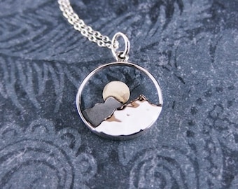 Bronze Rising Sun Mountain Necklace - Sterling Silver and Bronze Rising Sun Mountain Charm on a Sterling Silver Cable Chain or Charm Only