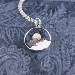Bronze Rising Sun Mountain Necklace Sterling Silver and Bronze Rising Sun Mountain Charm on a Sterling Silver Cable Chain or Charm Only image 1