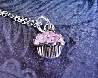 Tiny Pink Cupcake Necklace - Pink Enameled Sterling Silver Cupcake Charm on a Delicate Sterling Silver Cable Chain or Charm Only
