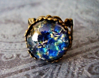 Round Dark Sea Blue Opal Glass Ring - Dark Sea Blue Opal Glass Cabochon on an Ornate Antique Brass Filigree Band