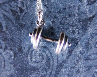 Silver Dumbbell Necklace - Sterling Silver Dumbbell Charm on a Delicate Sterling Silver Cable Chain or Charm Only