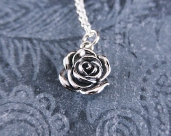 Silver Blooming Rose Necklace - Sterling Silver Blooming Rose Charm on a Delicate Sterling Silver Cable Chain or Charm Only