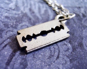 Silver Razor Blade Necklace - Antique Pewter Razor Blade Charm on a Delicate Silver Plated Cable Chain or Charm Only