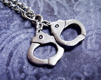 Silver Handcuffs Necklace - Antique Pewter Handcuffs Charm on a Delicate Silver Plated Cable Chain or Charm Only