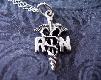 Silver RN Caduceus Necklace - Sterling Silver RN Caduceus Charm on a Delicate Sterling Silver Cable Chain or Charm Only