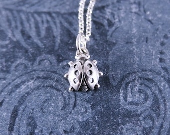 Puede incluir: Un collar de plata con un pequeño dije de mariquita. La mariquita está detallada con puntos negros y tiene un acabado brillante.