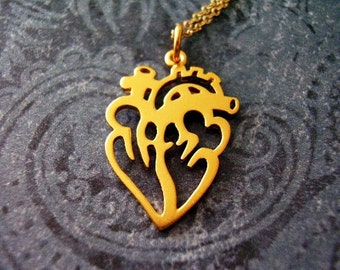 Gold Open Anatomical Heart Necklace - Matte 24kt Gold Plate Open Anatomical Heart Charm on a 14kt Gold Filled Cable Chain or Charm Only