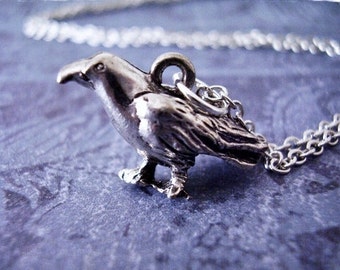 Silver Crow Necklace - Antique Pewter Crow Charm on a Delicate Silver Plated Cable Chain or Charm Only