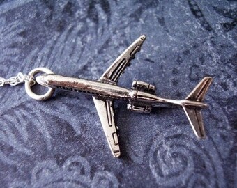 Silver Airliner Necklace - 925 Sterling Silver Airplane Charm on a Delicate Sterling Silver Cable Chain or Charm Only