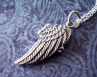 Silver Angel Wing Locket Necklace - Sterling Silver Angel Wing Locket on a Delicate Sterling Silver Cable Chain or Locket Only