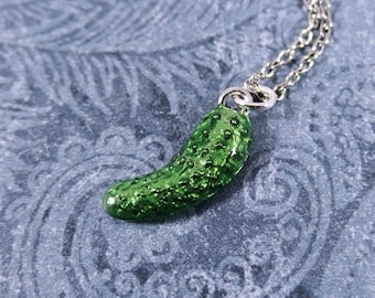 Green Pickle Slice Necklace - Green Enameled Antique Pewter Pickle Slice Charm on a Delicate Stainless Steel Cable Chain or Charm Only