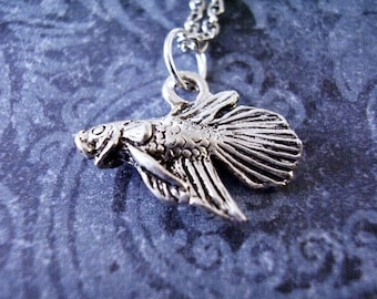 Silver Betta Fish Necklace - Silver Pewter Betta Fish Charm on a Delicate Silver Plated Cable Chain or Charm Only