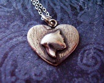 Collier souvenir chat en argent - breloque coeur chat en argent sterling sur une délicate chaîne torsadée en argent sterling ou une breloque uniquement
