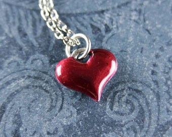 Red Heart Necklace - Red Enameled Antique Pewter Heart Charm on a Delicate Silver Plated Cable Chain or Charm Only