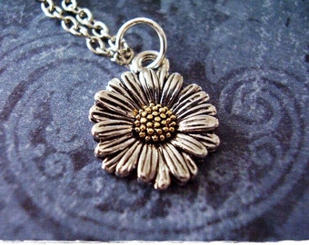 Silver Daisy Necklace - Two Tone Daisy Charm on a Delicate Silver Plated Cable Chain or Charm Only