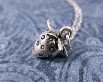 Silver Strawberry Necklace - Sterling Silver Strawberry Charm on a Delicate Sterling Silver Cable Chain or Charm Only