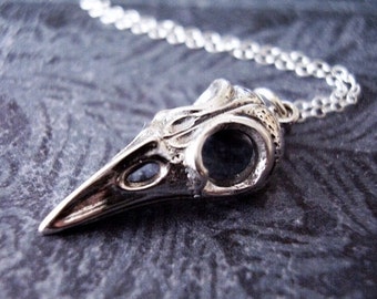 Silver Raven Skull Necklace - Sterling Silver Raven Skull Charm on a Delicate Sterling Silver Cable Chain or Charm Only