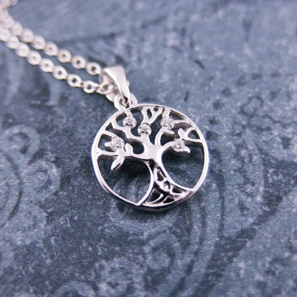 Crystal Rowan Tree Necklace - Rhodium Plated Sterling Silver Crystal Rowan Tree Charm on a Sterling Silver Cable Chain or Charm Only