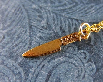 Tiny Gold Chef Knife Necklace - Antique Gold Pewter Chef Knife Charm on a Delicate Gold Plated Cable Chain or Charm Only