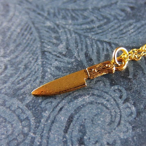 Tiny Gold Chef Knife Necklace - Antique Gold Pewter Chef Knife Charm on a Delicate Gold Plated Cable Chain or Charm Only