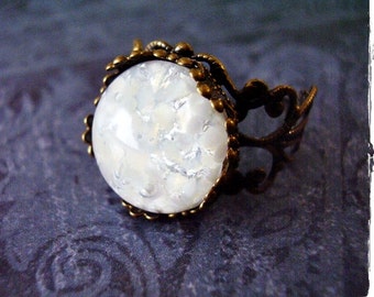 Round White Opal Glass Ring - White Opal Glass Cabochon on an Ornate Antique Brass Filigree Band