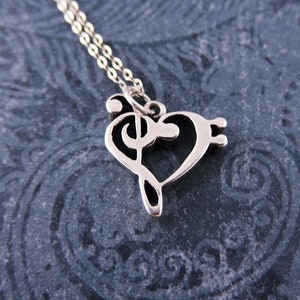 Silver Treble and Bass Heart Necklace - Sterling Silver Treble and Bass Heart Charm on a Delicate Sterling Silver Cable Chain or Charm Only