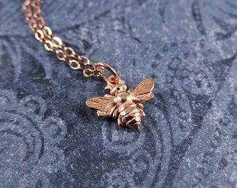 Small Rose Gold Honeybee Necklace - 18kt Rose Gold Plate Honeybee Charm on a Delicate 14kt Rose Gold Filled Cable Chain or Charm Only