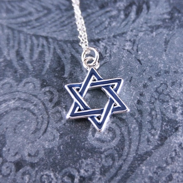 Blue Star of David Necklace - Blue Enameled Silver Plated Star of David Charm on a Delicate Sterling Silver Cable Chain or Charm Only