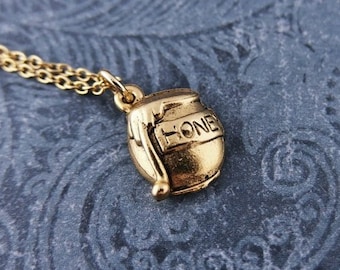 Gold Honey Pot Necklace - Antique Gold Pewter Honey Pot Charm on a Delicate Gold Plated Cable Chain or Charm Only