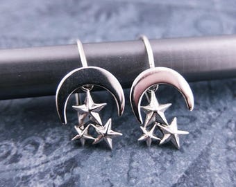 Silver Crescent Moon and Stars Earrings - Sterling Silver Crescent Moon and Stars Dangle Earrings