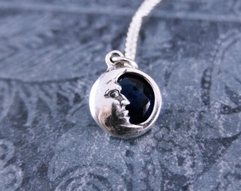 Blue Sapphire Crescent Moon Necklace - Sterling Silver Blue Sapphire Crystal Moon Charm on a Sterling Silver Cable Chain or Charm Only
