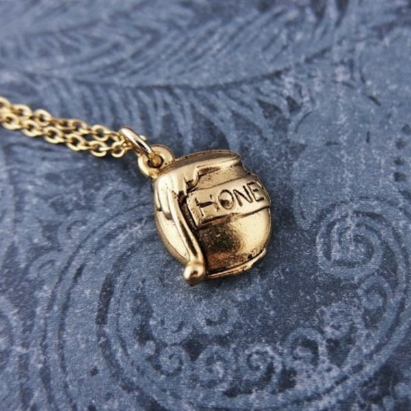 Gold Honey Pot Necklace - Antique Gold Pewter Honey Pot Charm on a Delicate Gold Plated Cable Chain or Charm Only