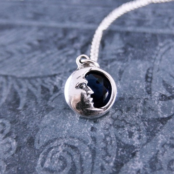Blue Sapphire Crescent Moon Necklace - Sterling Silver Blue Sapphire Crystal Moon Charm on a Sterling Silver Cable Chain or Charm Only
