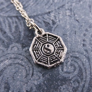 Silver Bagua Necklace - Antique Pewter Bagua Charm on a Delicate Stainless Steel Cable Chain or Charm Only