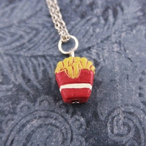 Tiny French Fries Necklace - Enameled Ceramic French Fries Charm on a Delicate Stainless Steel Cable Chain or Charm Only